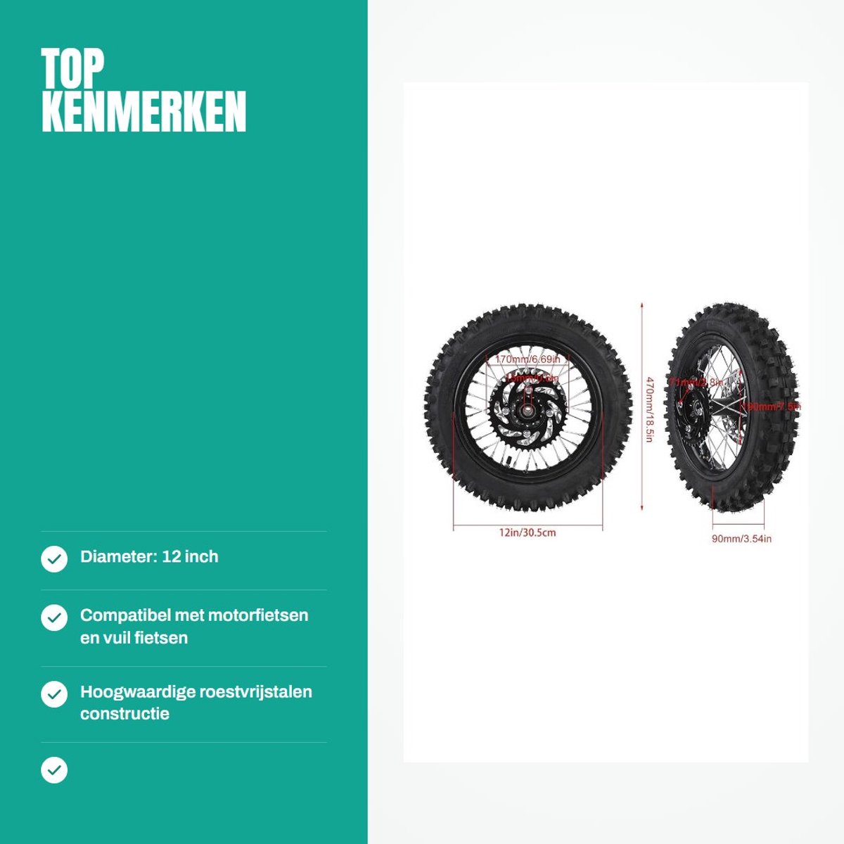 Dailygoods- Achterwielrand 12 Inch - 15 mm Asontwerp - Bandencomponent 80/100-12 - Off-road Fiets - Hoge Prestaties - Duurzame Kwaliteit - Dirtbikewiel Kinderfiets kopen online