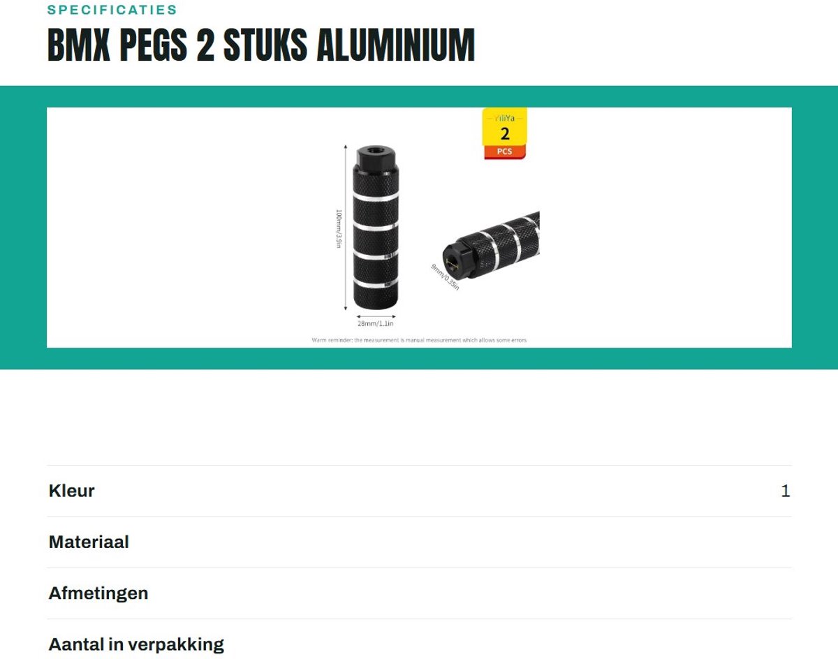 Dailygoods- BMX Pegs Antislip - 2 Stuks - Aluminium - 9 mm - 3/8 Inch - 26 Tanden - 10 x 2.8 cm - Lichtgewicht - Fietssteunen Fiets kopen online