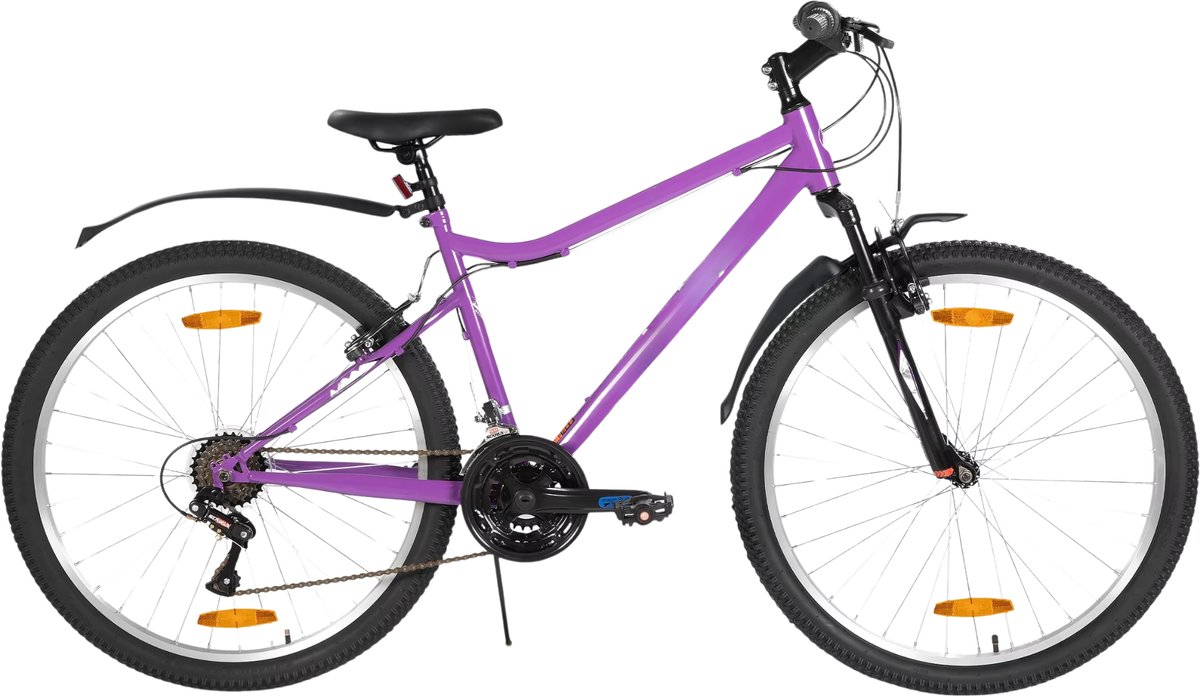 Dames mountainbike 66 cm – Voor recreatief en sportief gebruik op terrein – Met 18 versnellingen en V-brake voor- en achter – Paars aluminium frame Fiets kopen online