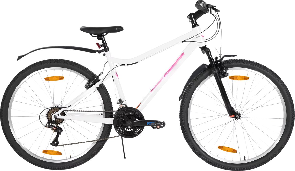 Dames mountainbike 66 cm – Voor recreatief en sportief gebruik op terrein – Met 18 versnellingen en V-brake voor- en achter – Wit aluminium frame Fiets kopen online