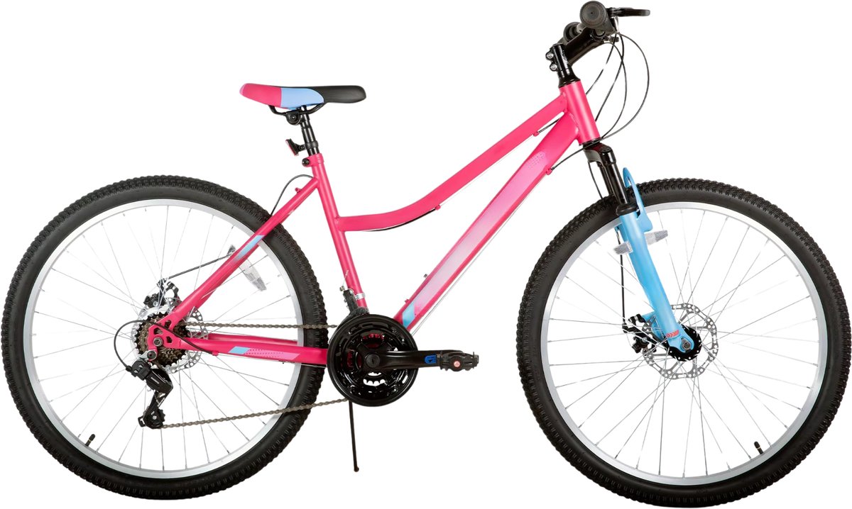 dames mountainbike voor recreatief gebruik mtb liefhebbers 18 versnellingen voorvorkvering dubbele mechanische schijfremmen aluminium roze 66 cm