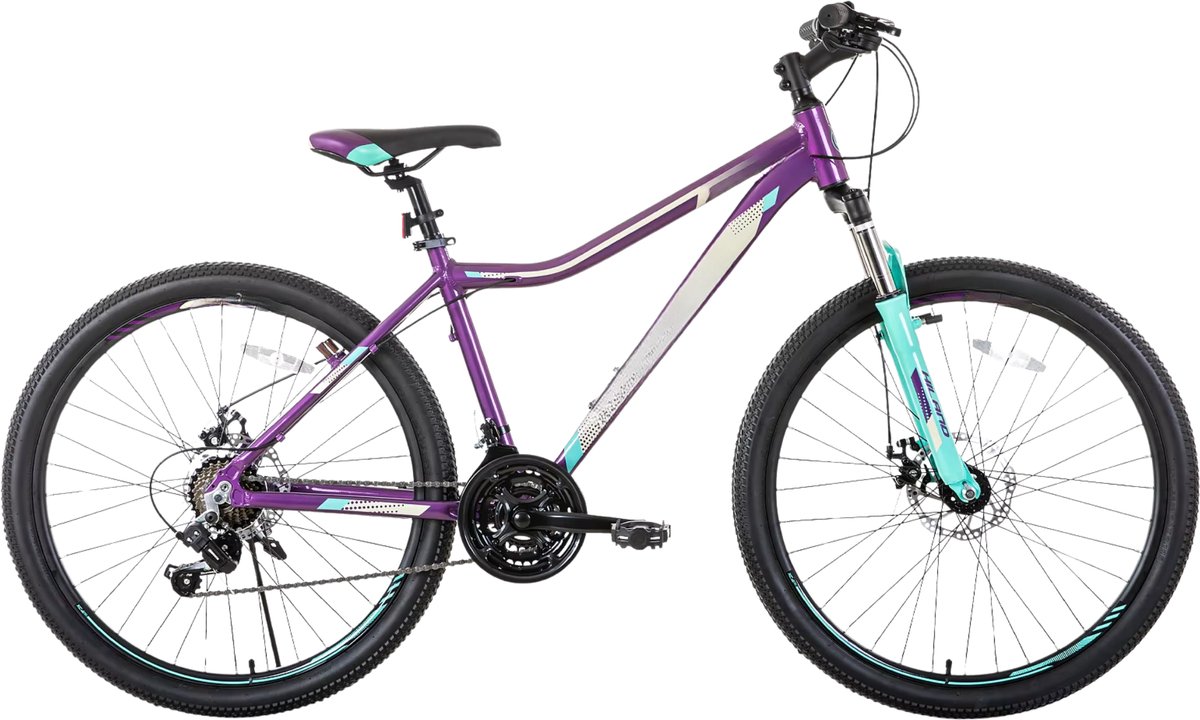 Dames mountainbike – Voor volwassenen – 21 versnellingen, vergrendelbare verende vork, dubbele schijfremmen, aluminium frame – Paars, 51/66/69 cm Fiets kopen online