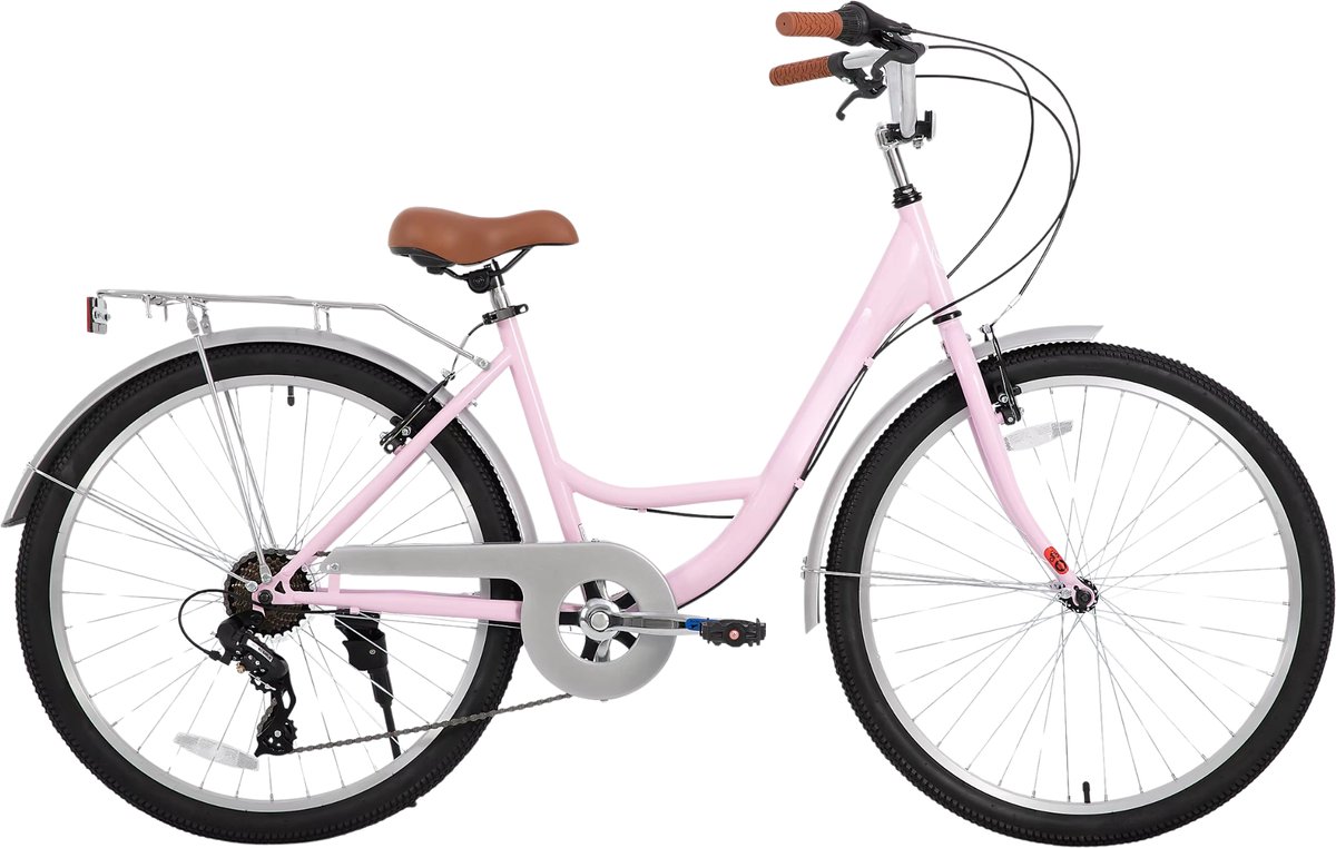 dames strandcruiserfiets voor volwassenen 7 speed step through frame bagagedrager roze 66 cm