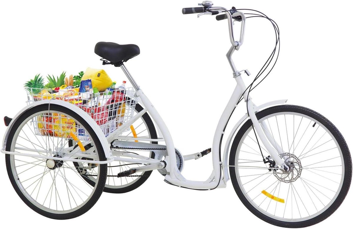 Driewieler voor volwassenen - Driewiel fiets - Stadsvervoer en boodschappen - Stevige constructie en mand - 26 inch wielen - Wit Driewieler kopen online