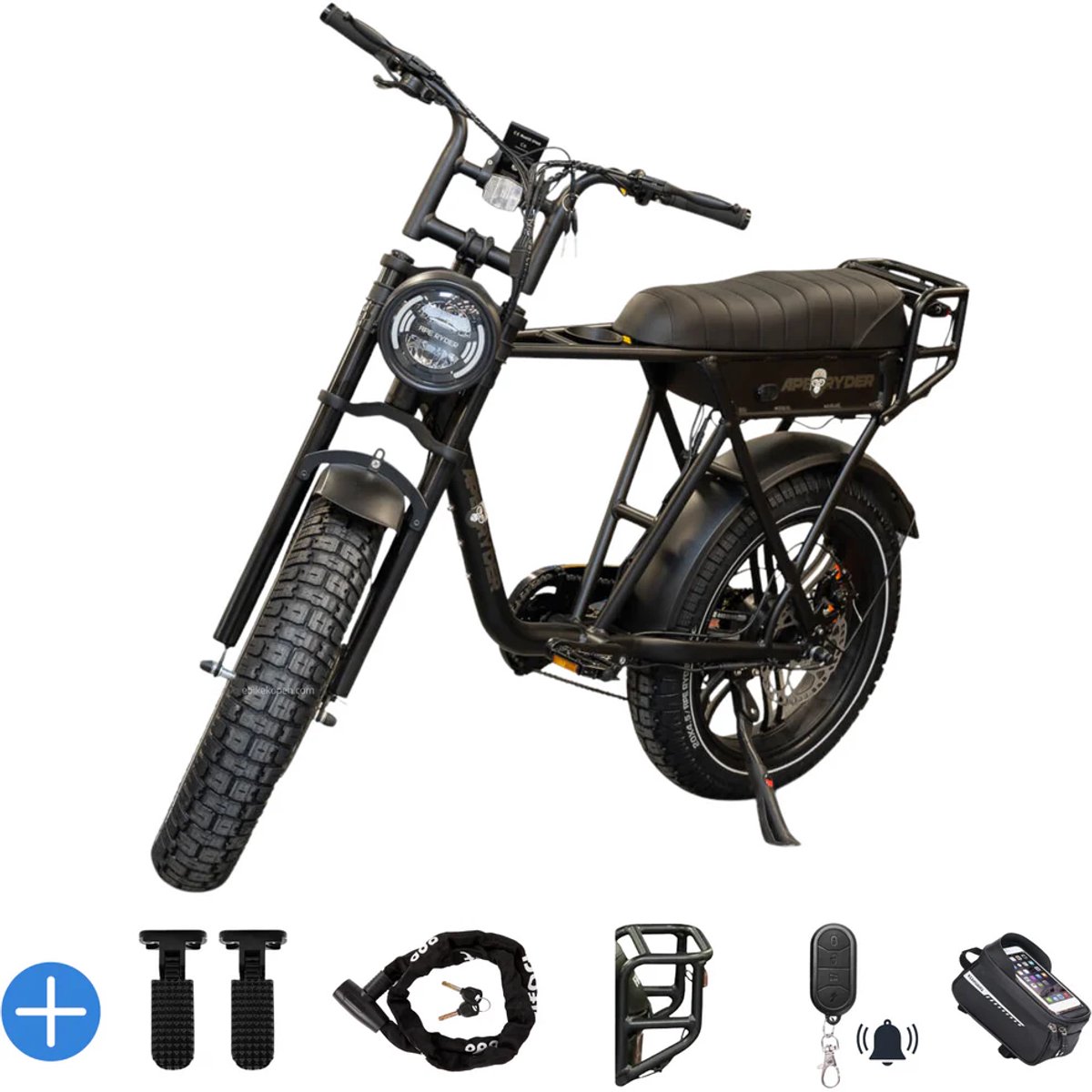 ebikekopen com ape ryder a10 pro nieuwste model 2026 2027 fatbike incl slot kettingbeschermer voetensteuntje straatlegaal ebike elektrische fiets met accessoires