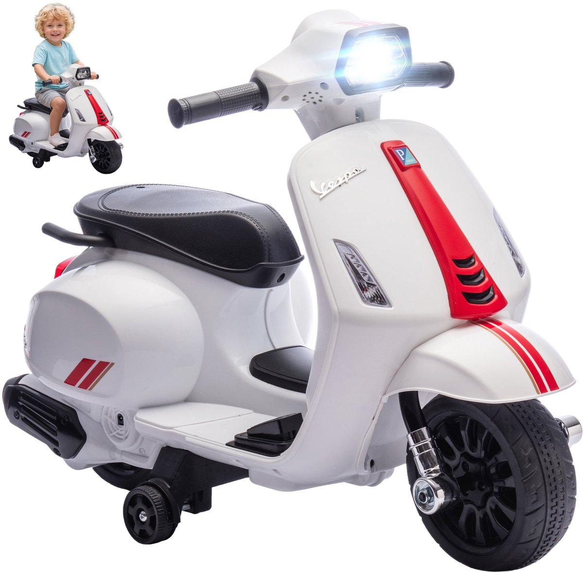 elektrische kinderscooter retro motor voor kinderen 2 4 jaar 6v accu met zijwieltjes koplamp toeter wit