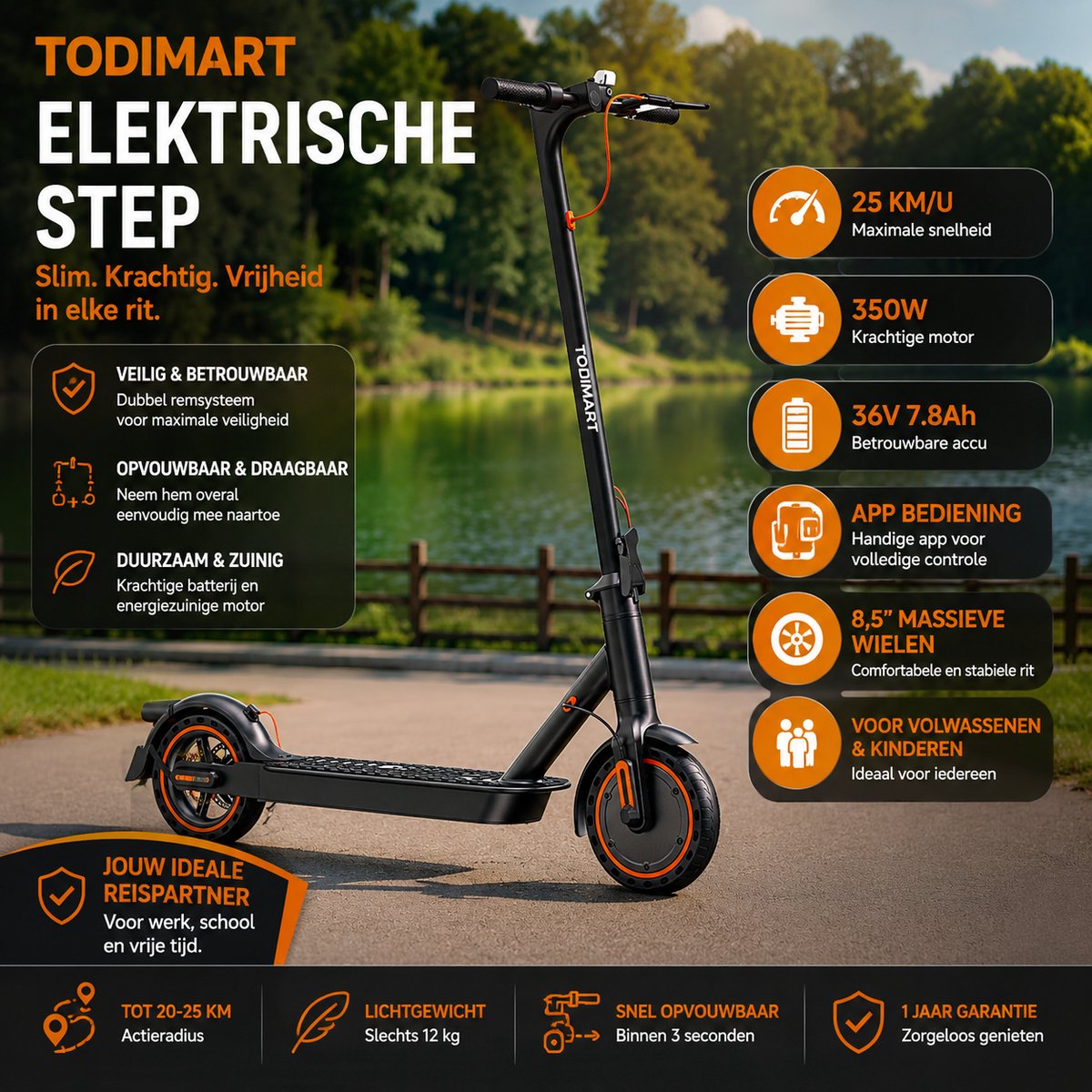 Elektrische Step 350W – TODIMART E-Scooter met 36V 7.8Ah Batterij – Max 25 km/u – Opvouwbaar met App – Voor Volwassenen & Kinderen Step kopen online