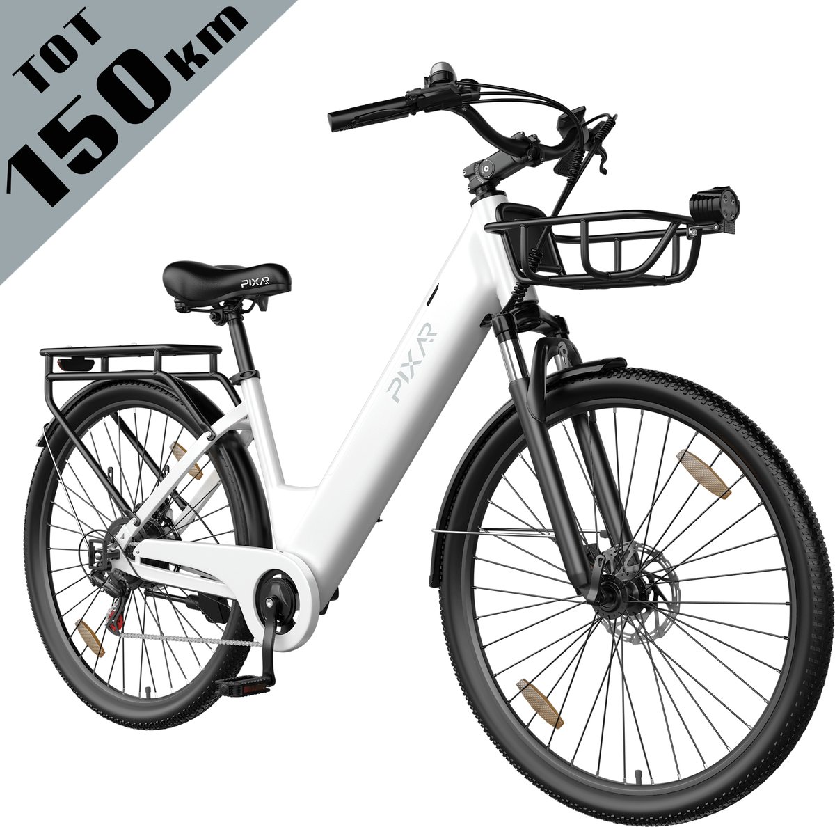 galaxy c1 pro elektrische stadsfiets 28 inch tot 150 km bereik 36v 18ah eve accu hydraulische schijfremmen 250w motor shimano 7 versnellingen voorvorkvering inclusief mand en telefoonhouder wit