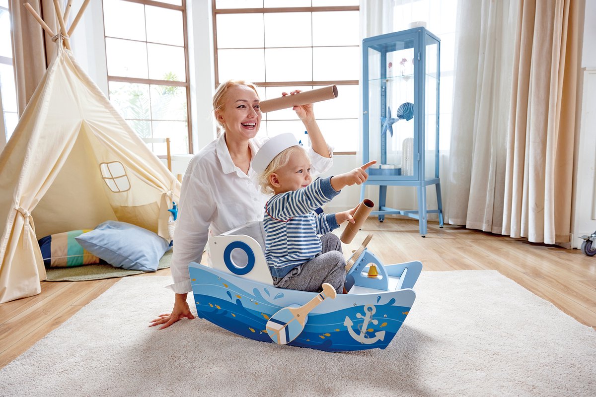 hape schommelboot interactief speelgoed met roeispanen en stuurwiel voor kinderen vanaf 12 maanden