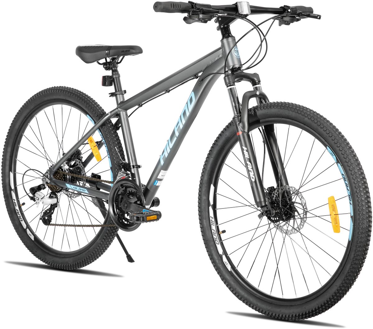 hiland bedrock mountainbike 27 5 inch 24 versnellingen shimano hydraulische schijfremmen aluminium frame grijs azuurblauw