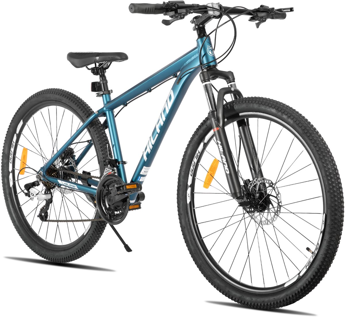 hiland bedrock mountainbike 27 5 inch 24 versnellingen shimano hydraulische schijfremmen aluminium frame petrolblauw