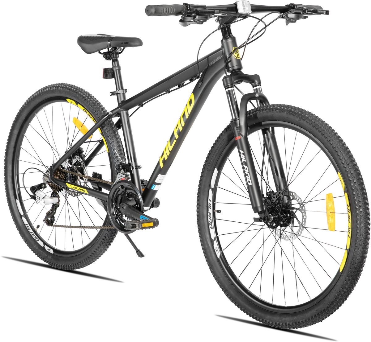 hiland bedrock mountainbike 27 5 inch 24 versnellingen shimano hydraulische schijfremmen aluminium frame zwart neongeel