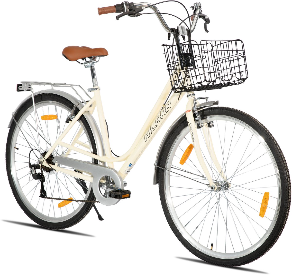 hiland elegante damesfiets 28 inch stadsfiets met 7 versnellingen inclusief fietsmand bagagedrager beige