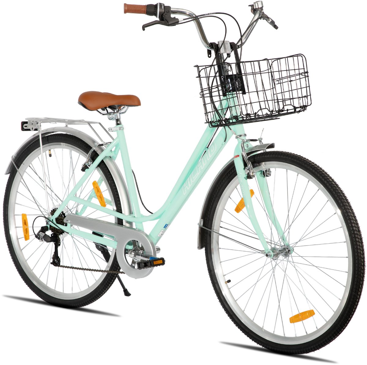 hiland elegante damesfiets 28 inch stadsfiets met 7 versnellingen inclusief fietsmand bagagedrager groen
