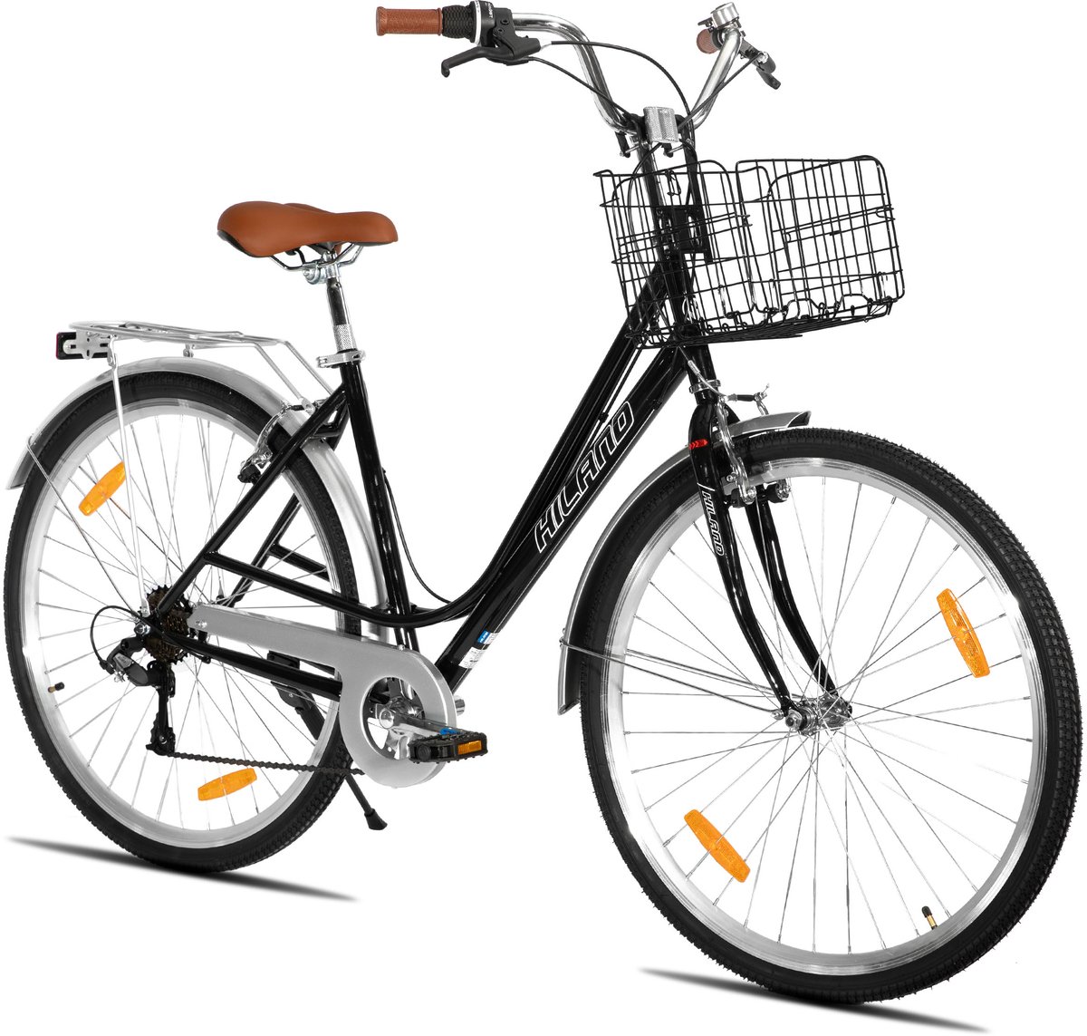 Hiland Elegante Damesfiets - 28 Inch - Stadsfiets met 7 Versnellingen - Inclusief Fietsmand & Bagagedrager - Zwart Fiets kopen online