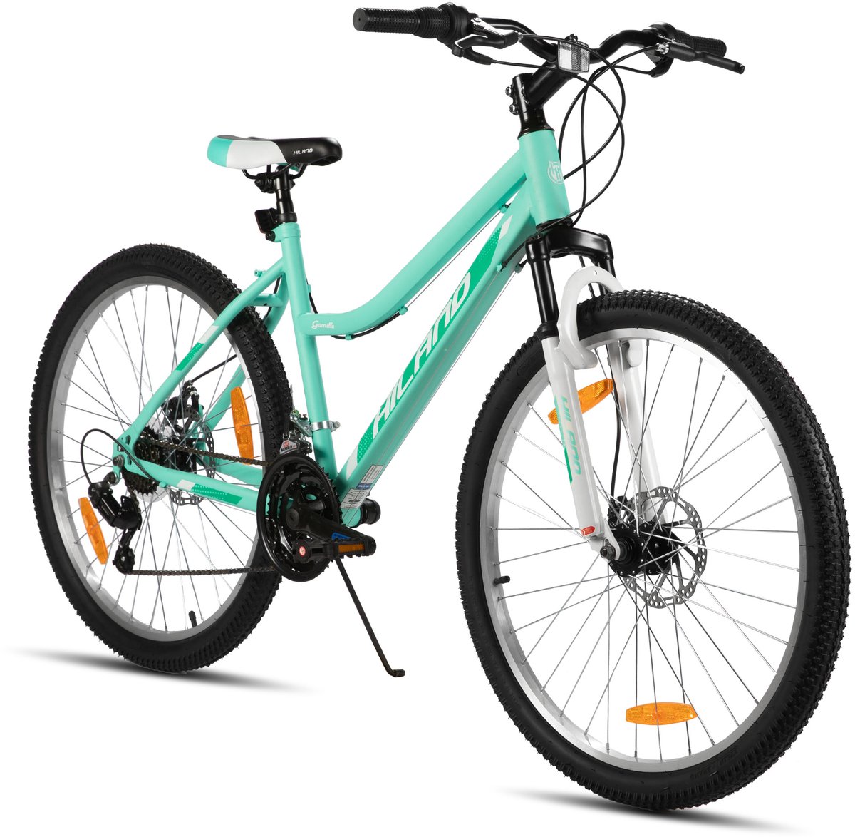 hiland gamille dames mountainbike 26 inch mintgroen mtb met lage instap 18 versnellingen mechanische schijfremmen