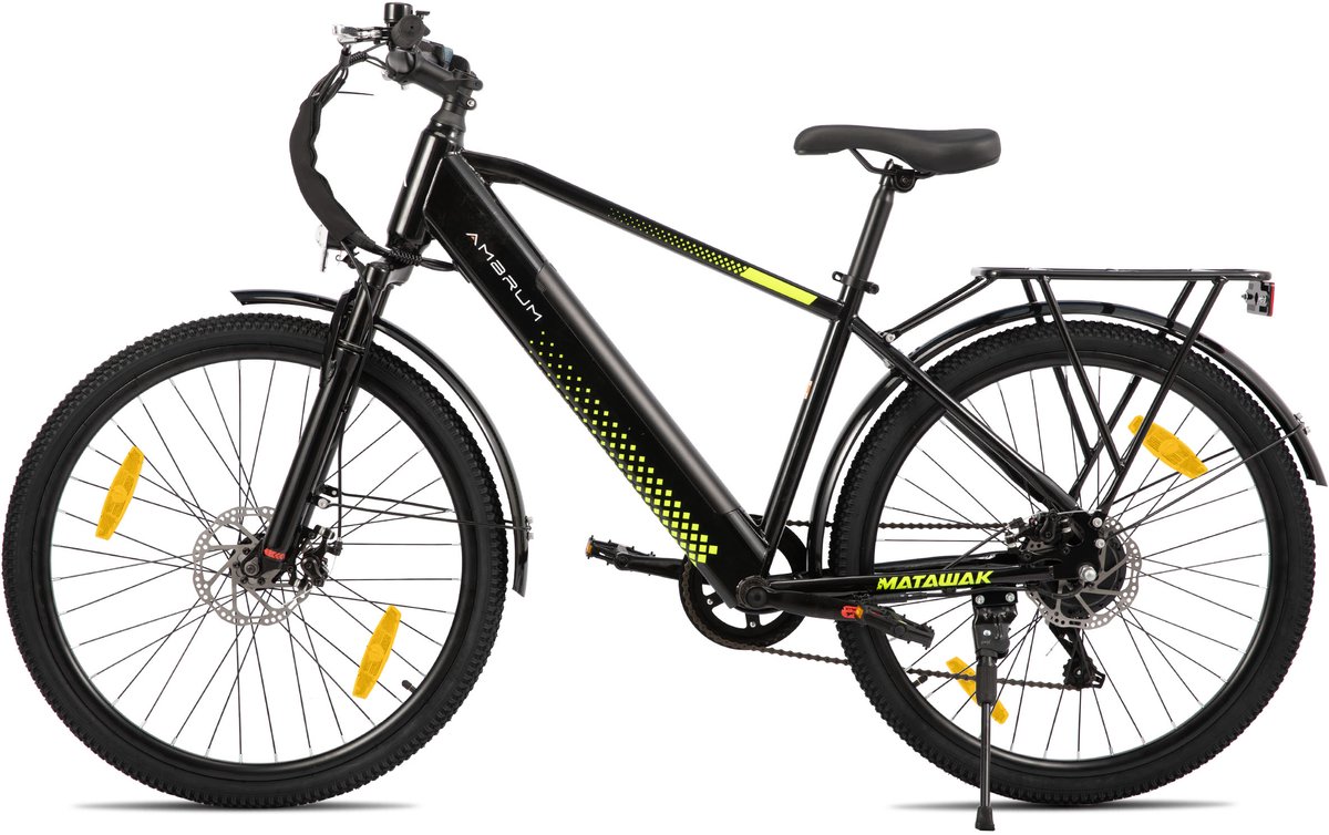hiland matawak elektrische stadsfiets 26 inch 250w motor 60km actieradius 36v 10 4ah accu shimano 7 versnellingen unisex geel