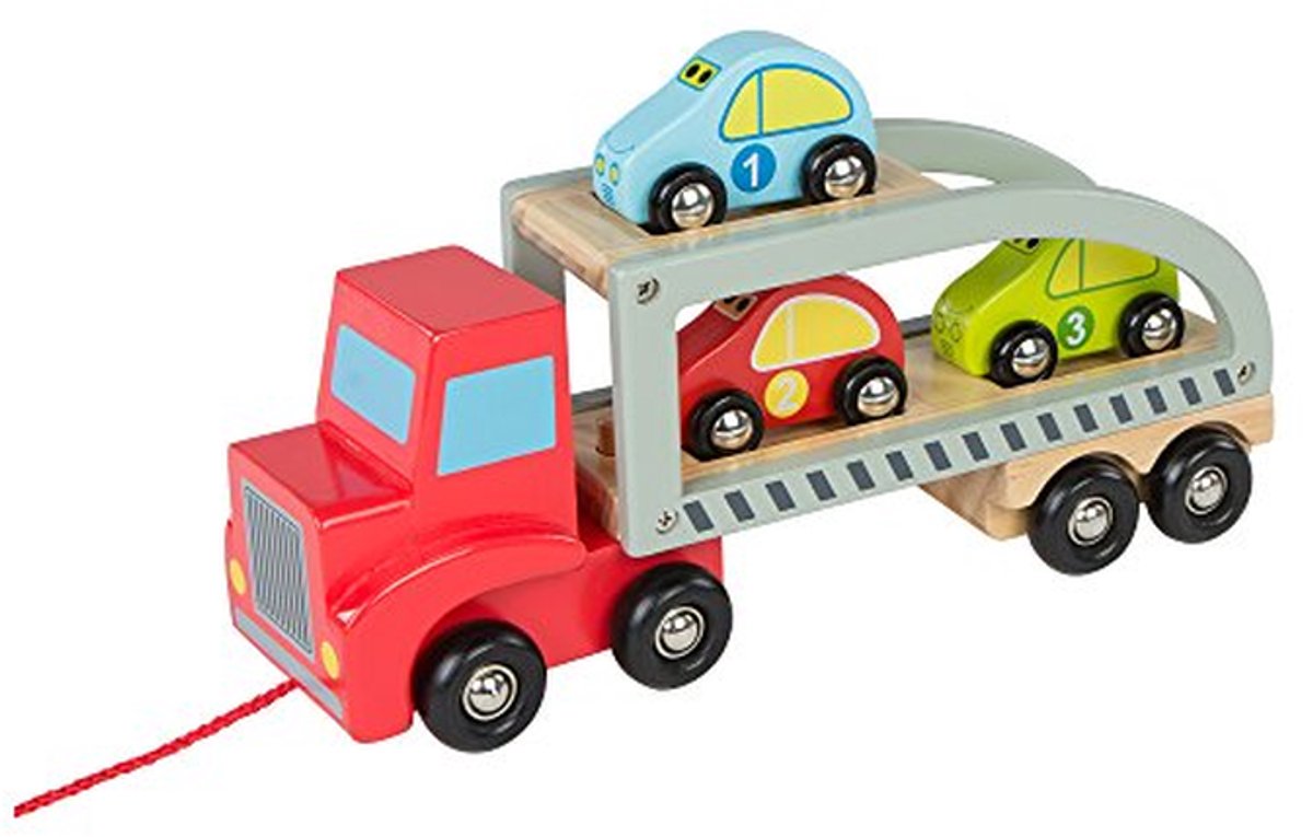 houten aanhanger vrachtwagen met 3 houten auto s 28 cm