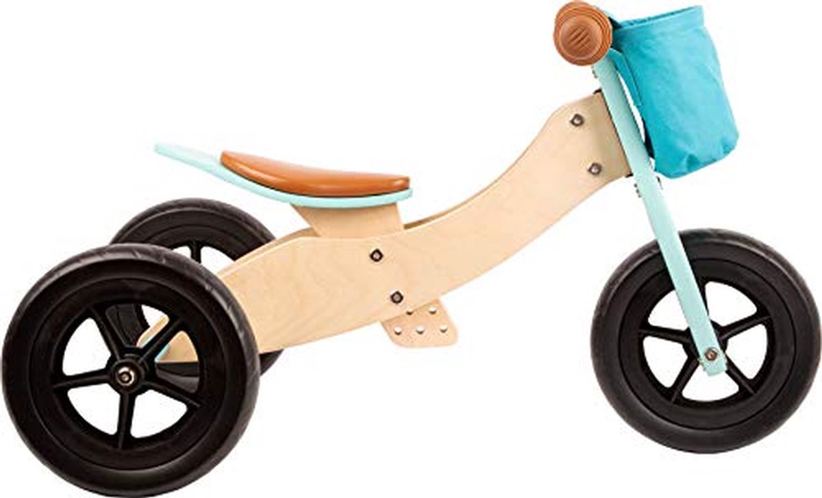 houten loopfiets en driewieler 2 in 1 met verstelbare zitting en rubberbanden