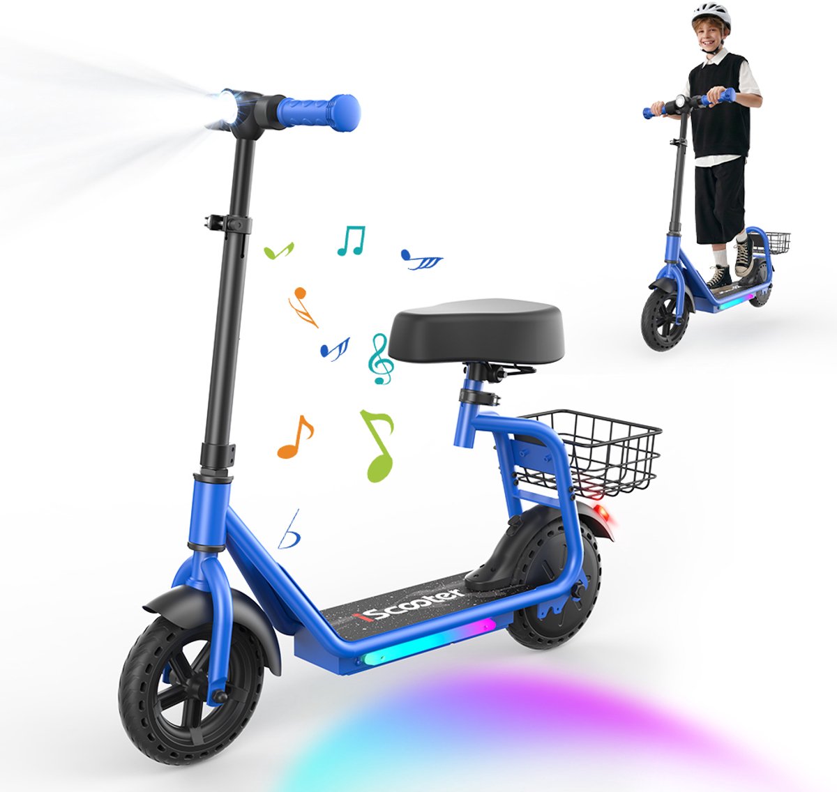 iscooter ik7 elektrische step kinderen 2 in 1 8 tot 14 jaar app bluetooth muziek rgb verlichting 250w 10 15 20 km u bereik 15 km 8 5 wielen blauw