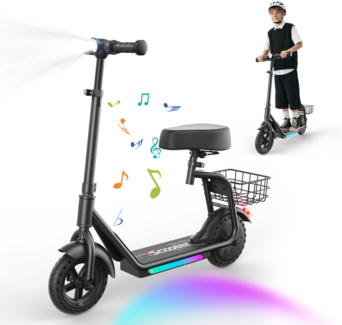 iscooter ik7 elektrische step kinderen 2 in 1 8 tot 14 jaar app bluetooth muziek rgb verlichting 250w 10 15 20 km u bereik 15 km 8 5 wielen zwart