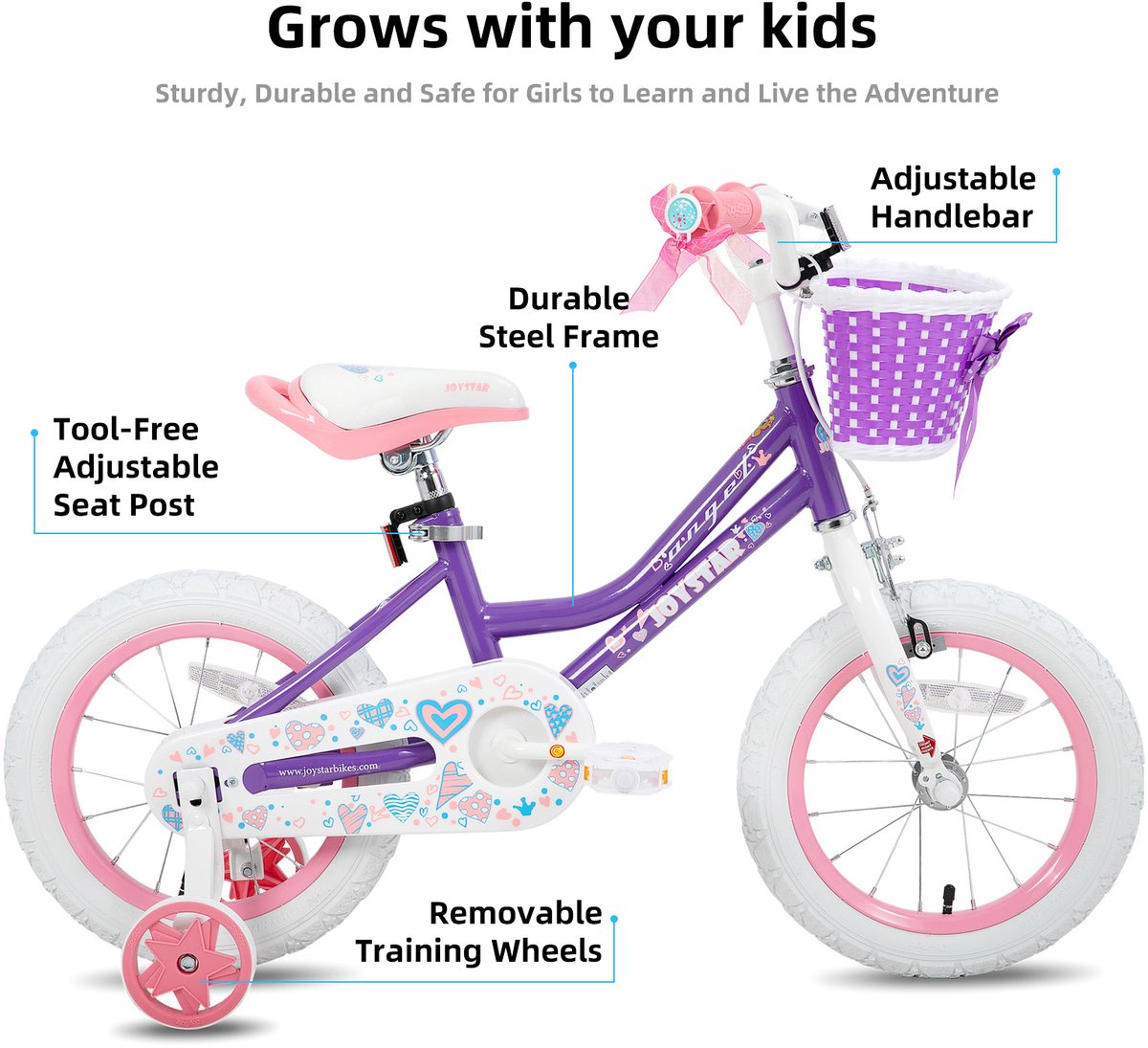 JOYSTAR Angel Meisjesfiets - Verschillende Maten 12 Inch - Met Zijwieltjes - Handrem - Inclusief Mandje - Paars - Geschikt voor buitenactiviteiten in de lente Kinderfiets kopen online