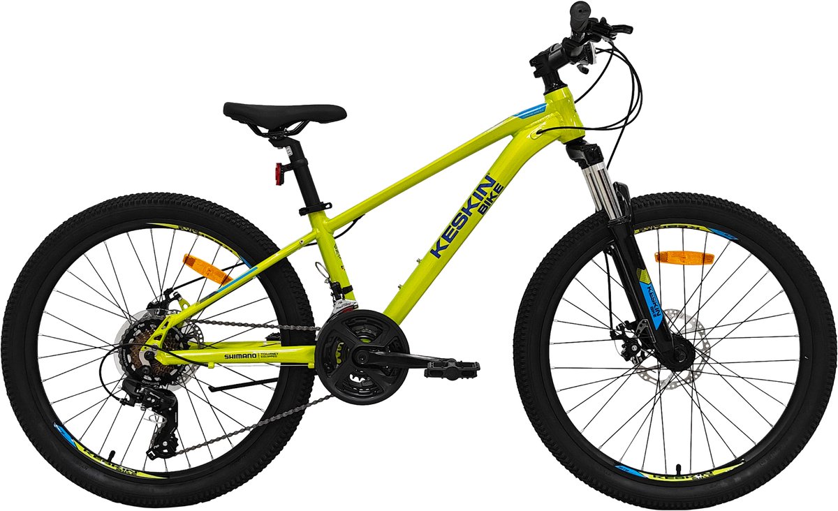 keskin bike jongensfiets 24 inch mountainbike kind 8 12 jaar 21 versnellingen schijfremmen aluminium spatborden neongroen