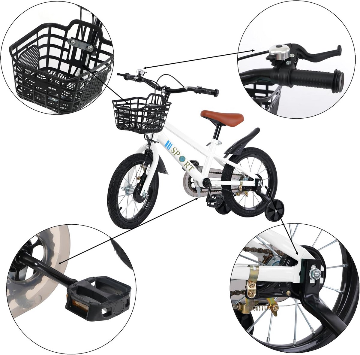 Kinderfiets 12/14/16 inch met zijwielen, loopfiets functie en terugtraprem voor 2-8 jaar Kinderfiets kopen online