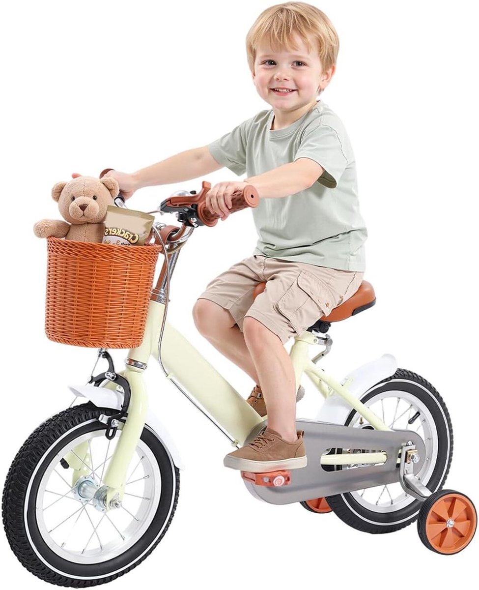Kinderfiets 12 inch - Loopfiets met steunwielen - Leren fietsen - Stevig frame met mandje - 12 inch wielmaat - Geel Kinderfiets kopen online