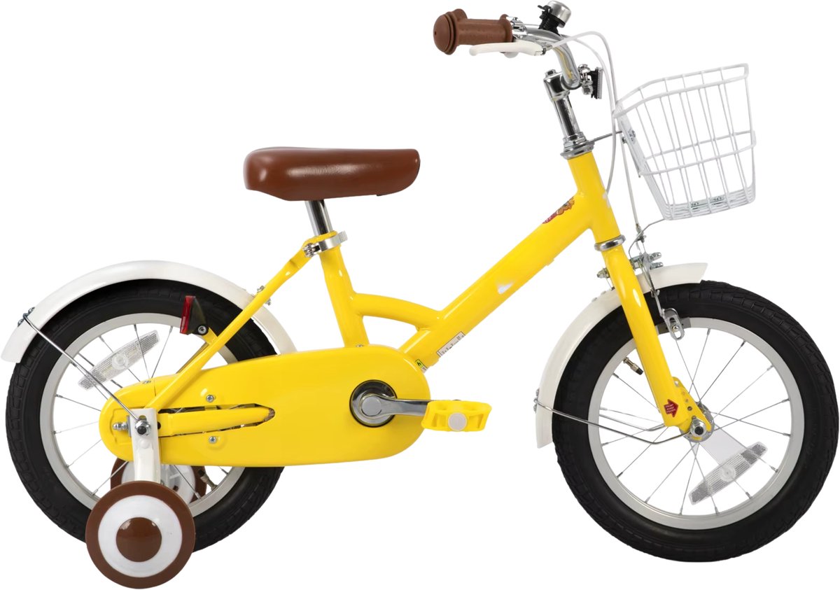 Kinderfiets 30–46 cm – Voor kinderen van 2–8 jaar voor dagelijks gebruik en spel – Met mand, spatborden, volledige kettingkoffer en zijwieltjes – Geel frame Kinderfiets kopen online