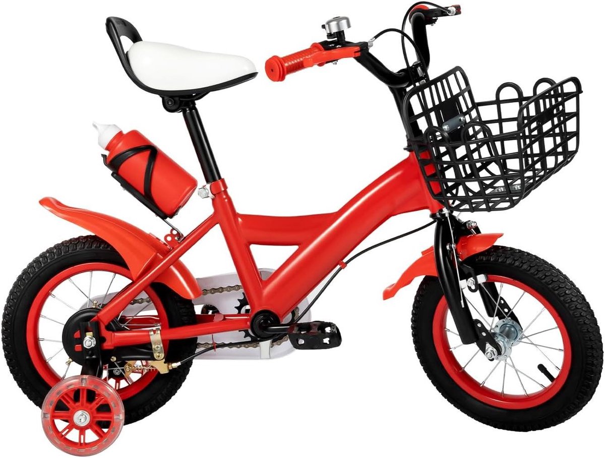kinderfiets loopfiets leren fietsen met knipperlicht steunwielen 12 inch rood