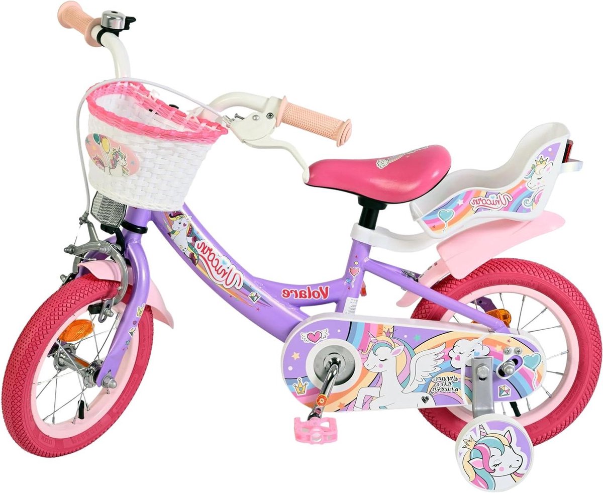 kinderfiets meisjesfiets eenhoorn leren fietsen met poppenzitje 12 inch paars