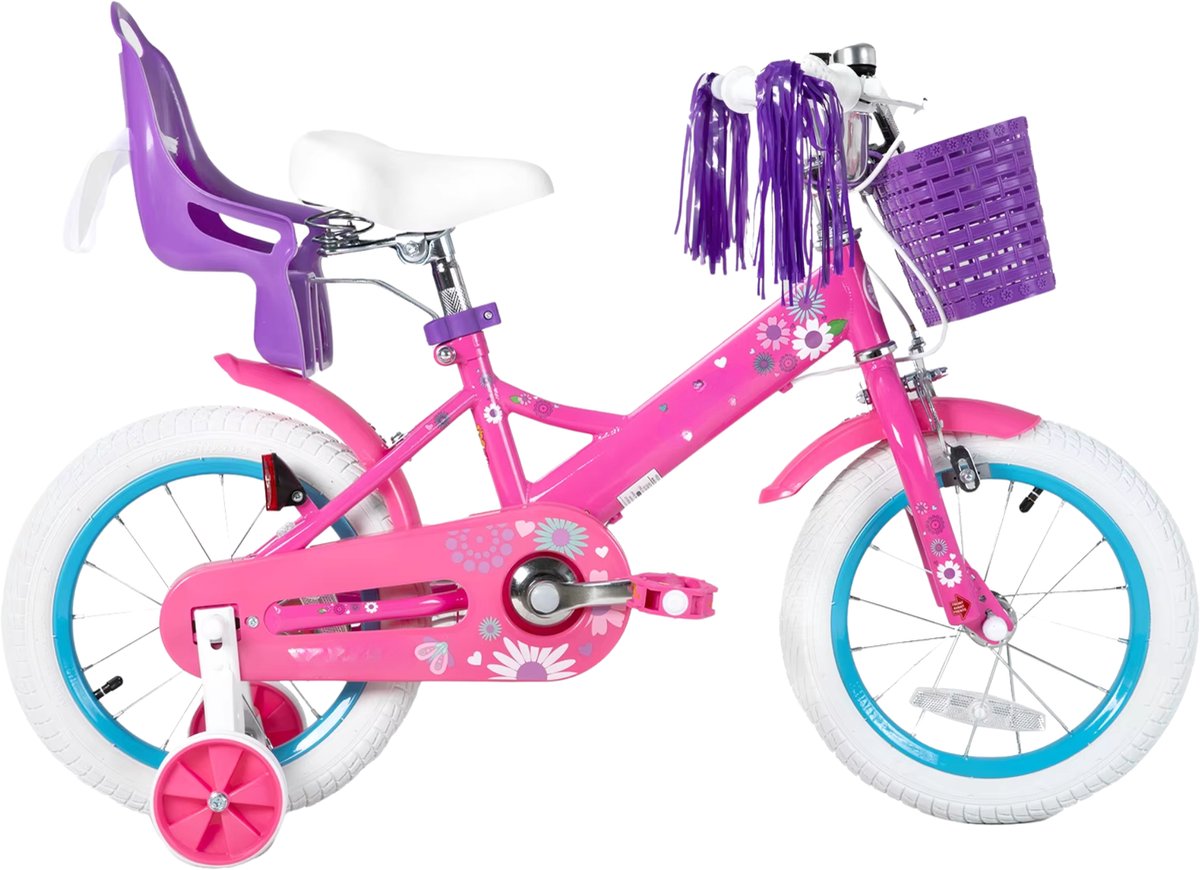 Kinderfiets – Voor jongens en meisjes – Met mand, bel, extra wielen en poppenzitje, leuk verjaardagscadeau – Paars, 30 cm Kinderfiets kopen online