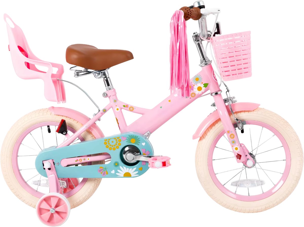 kinderfiets voor jongens en meisjes met mand bel extra wielen en poppenzitje leuk verjaardagscadeau roze 30 cm