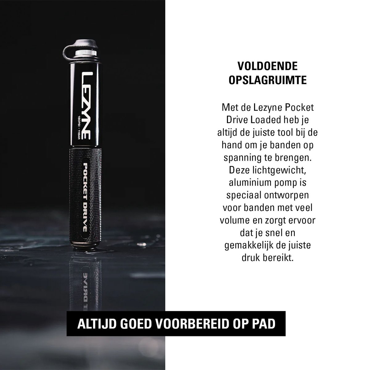 Lezyne Pocket Drive Loaded - Handpomp - Fietspomp - Tot 11 bar - ABS Flex Hose - Presta, Dunlop en Schrader ventielen - Aluminium - Zwart Fiets kopen online