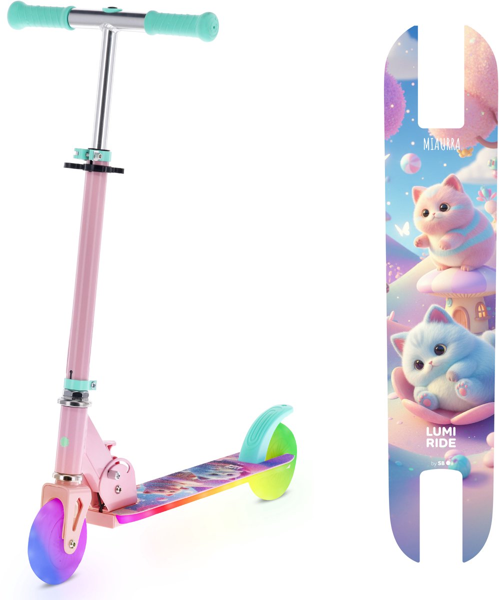 LUMI RIDE Kinderstep 2 wielen, Scooter voor kinderen vanaf 5 jaar, LED - 7 kleuren, 20 programma’s - 3 niveaus stuurverstelling, voetrem, afneembare handvatten (Lichtroze met poesjes) Step kopen online