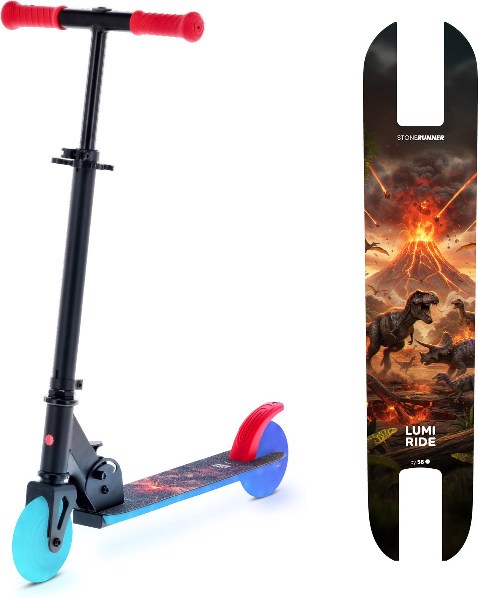 LUMI RIDE Kinderstep 2 wielen, Scooter voor kinderen vanaf 5 jaar, LED - 7 kleuren, 20 programma’s - 3 niveaus stuurverstelling, voetrem, afneembare handvatten (Zwart met dinosaurussen) Step kopen online