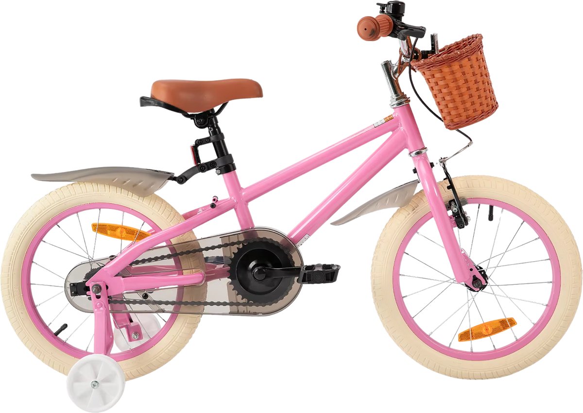 Meisjesfiets – Voor kinderen – Met zijwieltjes, handrem, coasterrem en mandje – Roze, 36 cm Kinderfiets kopen online