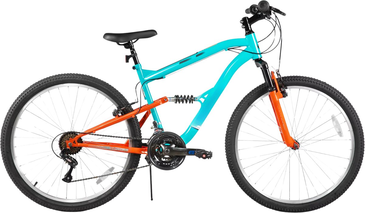 mountainbike voor heren volledig geveerd 18 versnellingen v rem schokabsorberende voorvork 66 cm wielen blauw beperkte garantie
