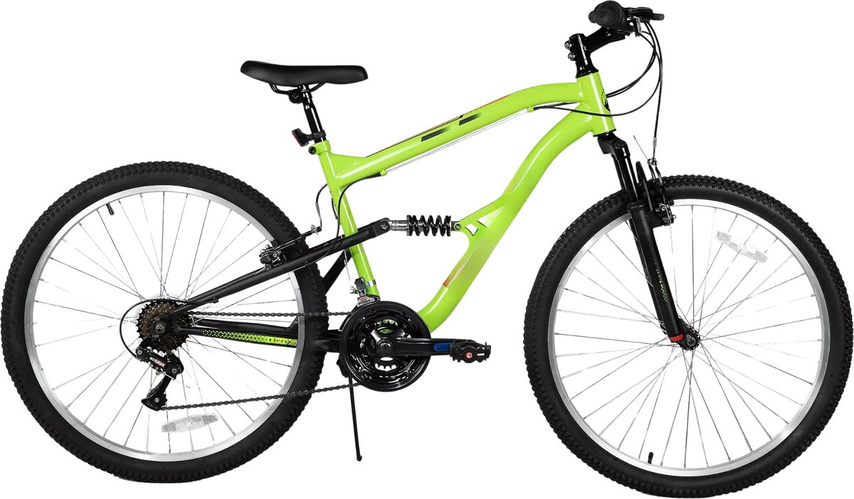 Mountainbike – Voor heren – Volledig geveerd, 18 versnellingen, V-rem, schokabsorberende voorvork – 66 cm wielen, groen, beperkte garantie Fiets kopen online