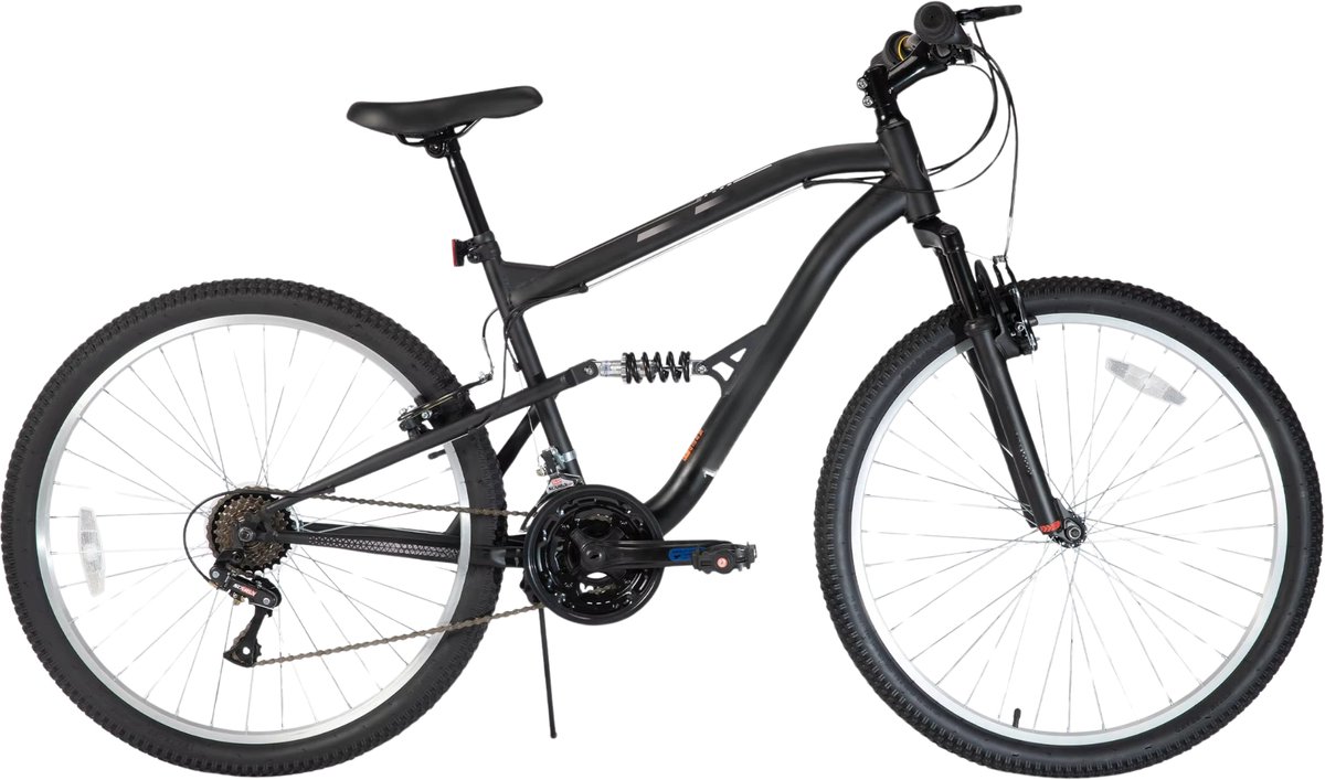mountainbike voor heren volledig geveerd 18 versnellingen v rem schokabsorberende voorvork 66 cm wielen zwart beperkte garantie