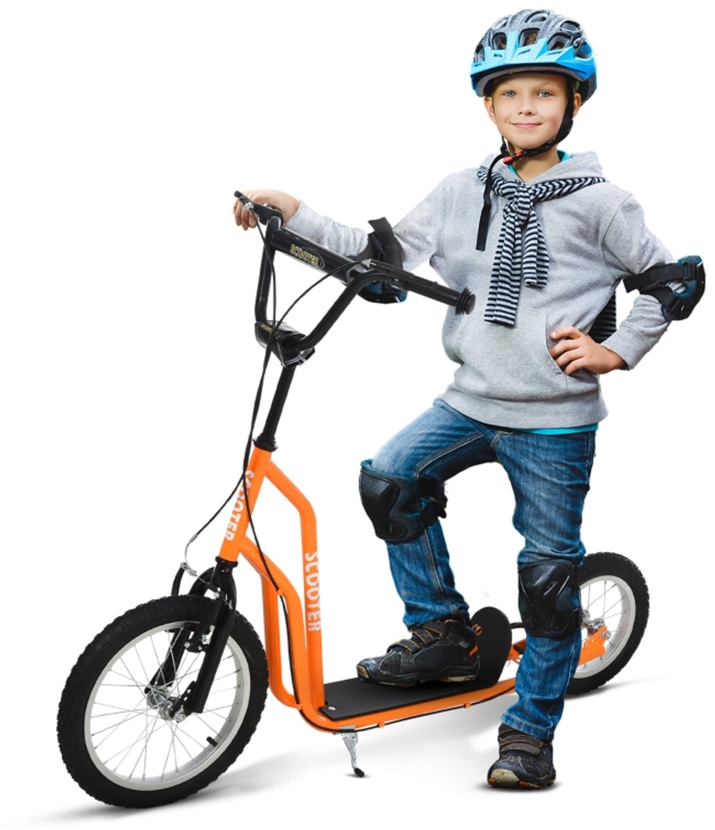 Oranje Kinderscooter – 16"/12" Luchtbanden, Dubbele Remmen (Handrem + Voetrem), Verstelbaar Stuur (88-94 cm) – Stalen Frame – Geschikt voor Kinderen vanaf 5 Jaar Step kopen online