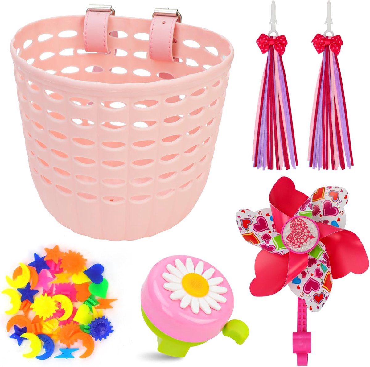 Oumers Fietsmandset voor kinderen, decoratieaccessoires voor kinderfietsen met spaakkralen, fietsmand van kunststof, fietsbel, fietswindmolen Kinderfiets kopen online