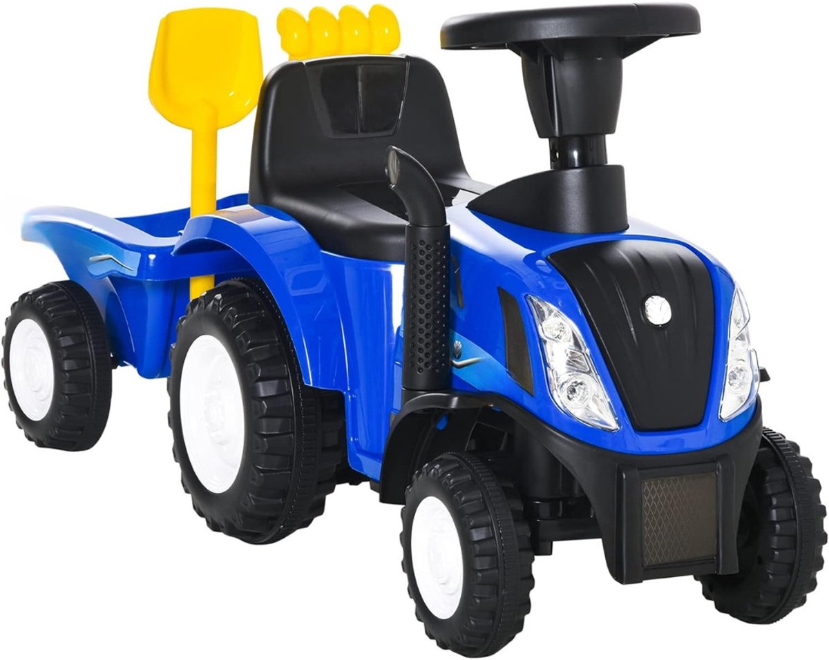 qin looptractor loopauto loop tractor met aanhangwagen en hoorn blauw 91cm x 29cm x 44cm