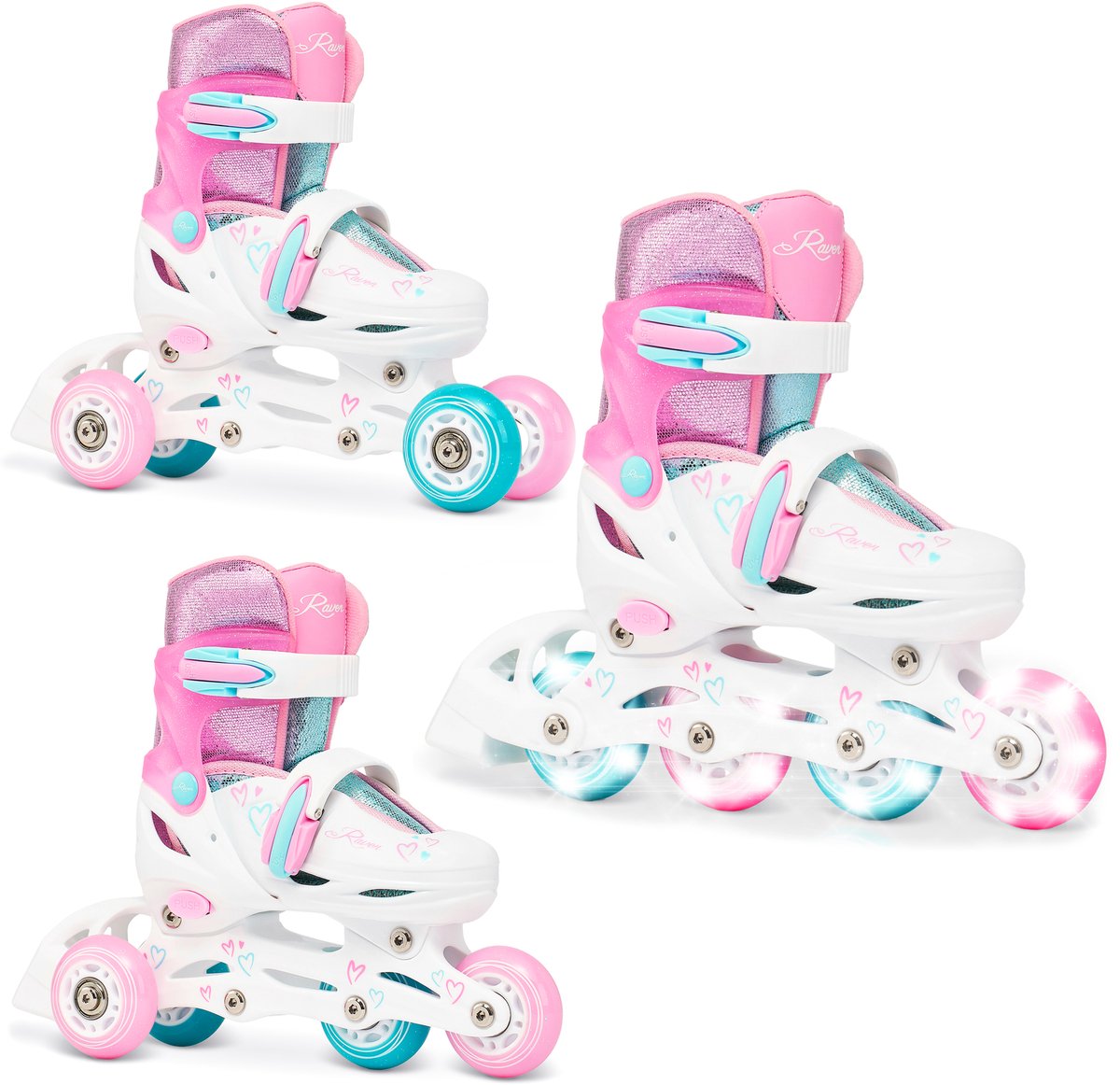 raven loret glitter 3 in 1 verstelbare skeelers lichtgevende wielen led 30 33 wit mintgroen roze
