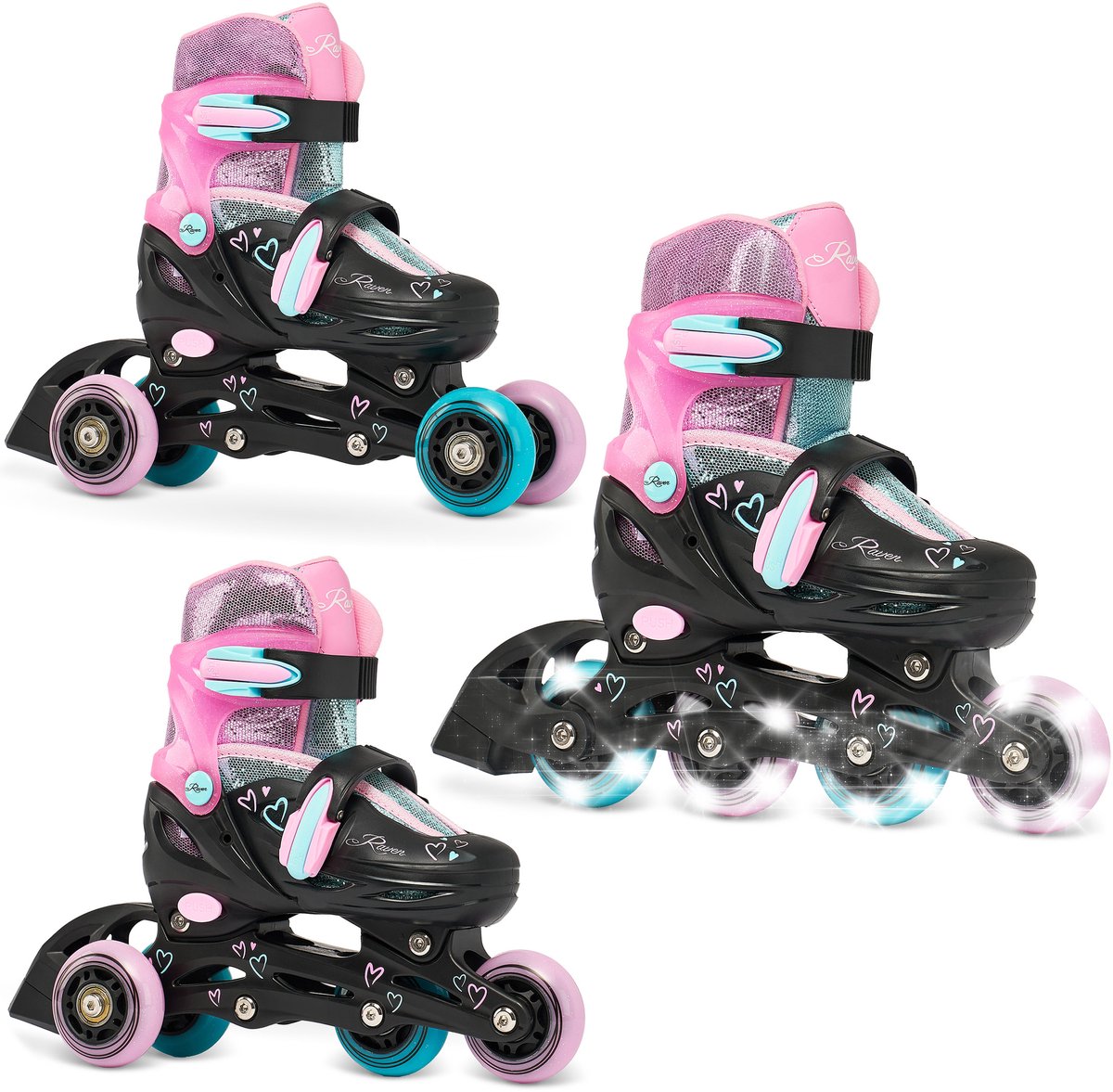 raven loret glitter 3 in 1 verstelbare skeelers lichtgevende wielen led 34 37 zwart mintgroen roze