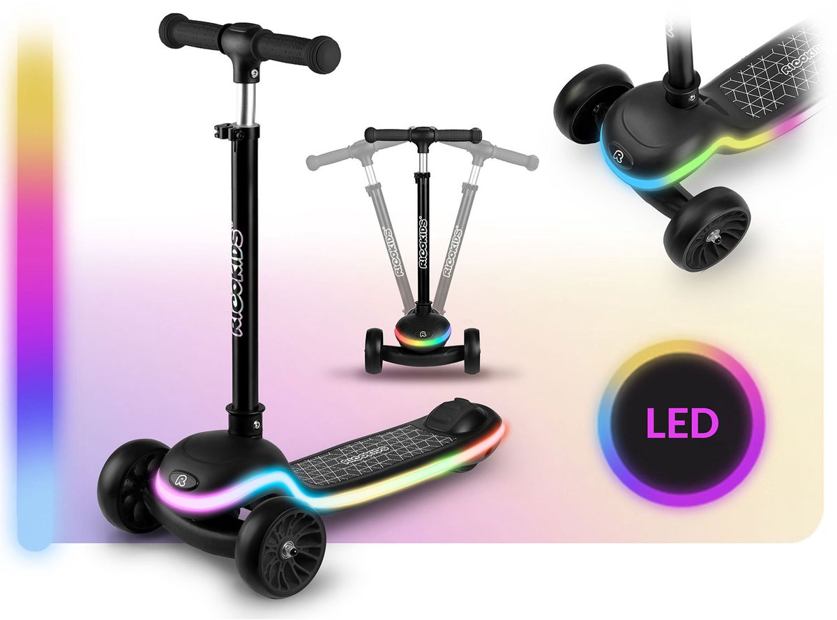 RicoKids Leddi - Kinderstep - LED Dek - Zwart - Drie Wielen Step kopen online