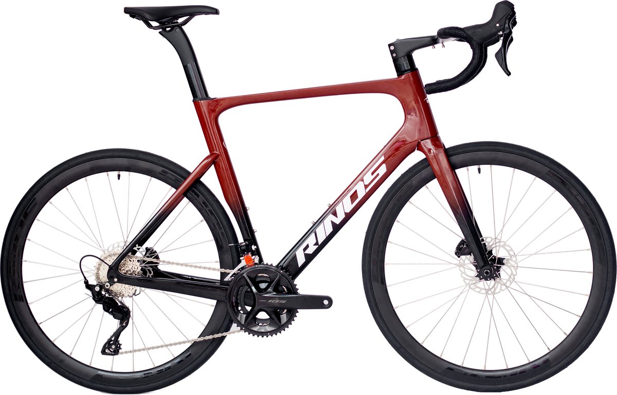 rinos odin 4 carbon racefiets roadbike lichtgewicht racefiets 700c shimano 105 24 versnellingen aerodynamisch ontwerp hydraulische remmen unisex zwart rood 50