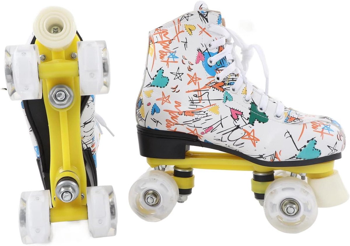 Rolschaatsen Dubbele Rij - Skeelers Kinderen Volwassenen - Buiten Skaten - Voorste Steunkolom - Maat 38 - Wit Graffiti Rolschaatsen kopen online