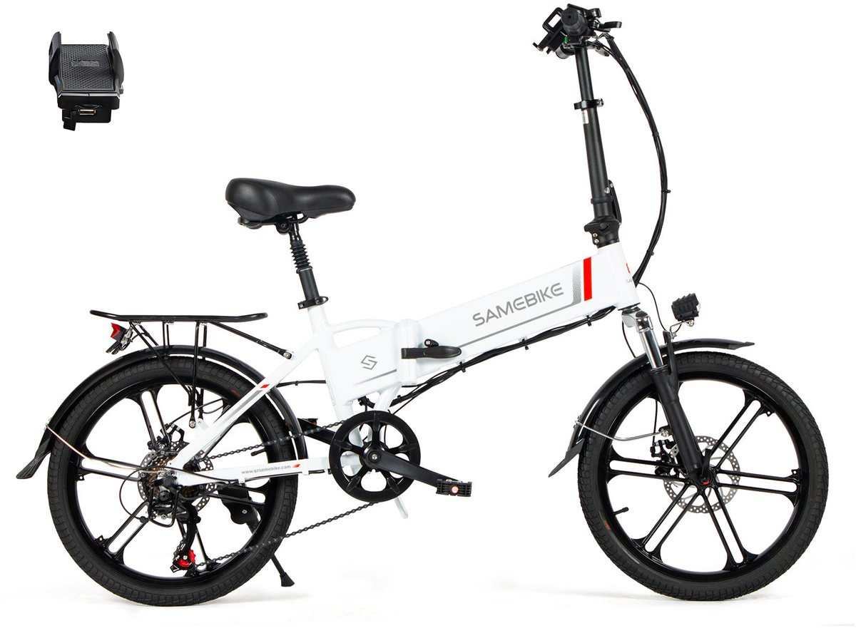 samebike 20lvxd30 elektrische fiets 250w motor 48v 10 4ah uitneembare accu 20 all terrain banden 7 versnellingen opvouwbaar max 25 km h led verlichting wit